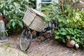 Old bicycle with basket parked in front of a beautiful house wi Royalty Free Stock Photo