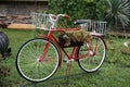 Old bicycle with flower pots standing in the garden as a decoration Royalty Free Stock Photo