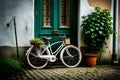 Old bicycle with flowers in front of a door vegetated with ivy Ai generated