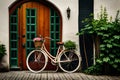 Old bicycle with flowers in front of a door vegetated with ivy Ai generated