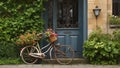 Old bicycle with flowers in front of a door vegetated with ivy