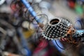 Old bicycle gear in the scrap heap. Royalty Free Stock Photo