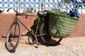 Old bicycle leaning against wall with panniers on the back