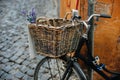 Old bicycle with wooden basket and flowers on the city street near orange wall Royalty Free Stock Photo