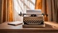 Old biege typewriter sits on desk in front of window