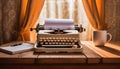 Old biege typewriter sits on desk in front of window