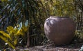 Old big earthen jar or Large vintage clay jar for water storage on the ground in the garden with lots of green tree nature Royalty Free Stock Photo