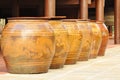 Old big earthenware water jars with dragon pattern