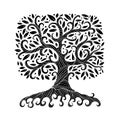 Old big family tree with roots. Isolated on white background. Concept Art for your design. Black and White colors Royalty Free Stock Photo