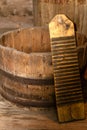 Old big wooden barrel with rusty iron circles Royalty Free Stock Photo