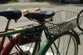 Old bike parked outside shop. Vintage transport. Bicycle made in USSR Royalty Free Stock Photo