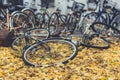 Old bikes leave in bicycle park Royalty Free Stock Photo