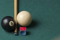 Old billiard ball 8 and stick on a green table. billiard balls isolated on a green background.Black and white Royalty Free Stock Photo
