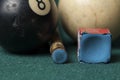 Old billiard ball 8 and stick on a green table. billiard balls isolated on a green background.Black and white