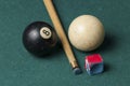 Old billiard ball 8 and stick on a green table. billiard balls isolated on a green background.Black and white Royalty Free Stock Photo