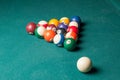 Old billiard balls on a green table. billiard balls isolated on a green background