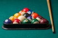 Old billiard balls and stick on a green table. billiard balls isolated on a green background Royalty Free Stock Photo