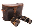 Old binoculars and case isolated on white Royalty Free Stock Photo