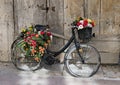 Old Black bicycle turned into a flower display in Matera, Italy