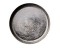 Old black cast iron Frying pan isolated on white background top view close-up. Royalty Free Stock Photo