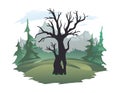 An old black dying tree in a forest clearing. Forest and mountain landscape in the background. Vector illustration