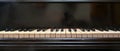 Old black grand piano keyboard with keys from ivory and ebony, part of a musical instrument in panoramic format, copy space, Royalty Free Stock Photo