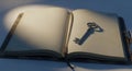 An old black leather book lies open with a silver key resting on its blank pages casting a shadow on a light blue background Royalty Free Stock Photo