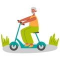 Old black man on seat of electric scooter. Modern grandfather with eco-friendly moped. Rider sitting on chair of trendy