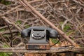 An old black retro phone on a wooden table stands on the street in spring, rotary phone Royalty Free Stock Photo