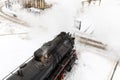 Old black steam locomotive in Russia in the winter on a background of snow Royalty Free Stock Photo