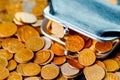 An old black wallet sits on top of a pile of Russian coins. The concept of inflation and poverty