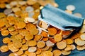 An old black wallet sits on top of a pile of Russian coins. The concept of inflation and poverty. Royalty Free Stock Photo