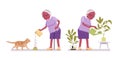 Old black woman, elderly person watering plants, feeding pet cat