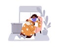 Old black woman at laptop computer, warming with blanket, scarf in cold home. Freezing senior person sitting in armchair