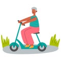 Old black woman on seat of electric scooter. Modern grandmother with eco-friendly moped. Rider sitting on chair of