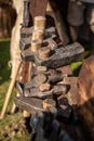 Old blacksmith hammers, close-up on the blured background