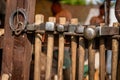 Old blacksmith tools: hammers of different sizes and shapes