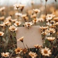 blank card in daisies field, mockup. Flowers composition for Valentine's, Mother's or Women's Day. ai Royalty Free Stock Photo