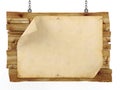 Old blank vintage paper on hanging wooden sign Royalty Free Stock Photo