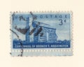 An old blue american postage stamp celebrating the centennial of african american author booker t Washington in 1956