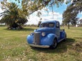 Old blue 1940 Chevrolet Chevy pickup truck hot rod in the countryside under a tree. Classic car show Royalty Free Stock Photo