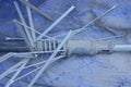 old blue dirty umbrella with a broken metal mechanism Royalty Free Stock Photo