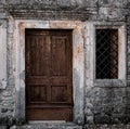 Old blue door and stone chapel wall in Istria Royalty Free Stock Photo