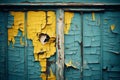 an old blue door with yellow paint peeling off