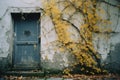 an old blue door with yellow vines growing around it