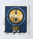 An old blue east german postage stamp celebrating in international journalists conference in 1966