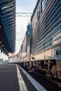 Old blue electric AC locomotives stand of company Skoda on closed Kyiv central railway station Royalty Free Stock Photo