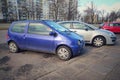 Old blue French car Renault Twingo right side and front view parked Royalty Free Stock Photo