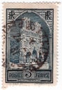 An old blue french postage stamp with an image of reims cathedral Royalty Free Stock Photo