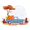An old blue harvest cartoon truck carrying a large ripe orange pumpkin. Element for postcards for Thanksgiving. Autumn Royalty Free Stock Photo